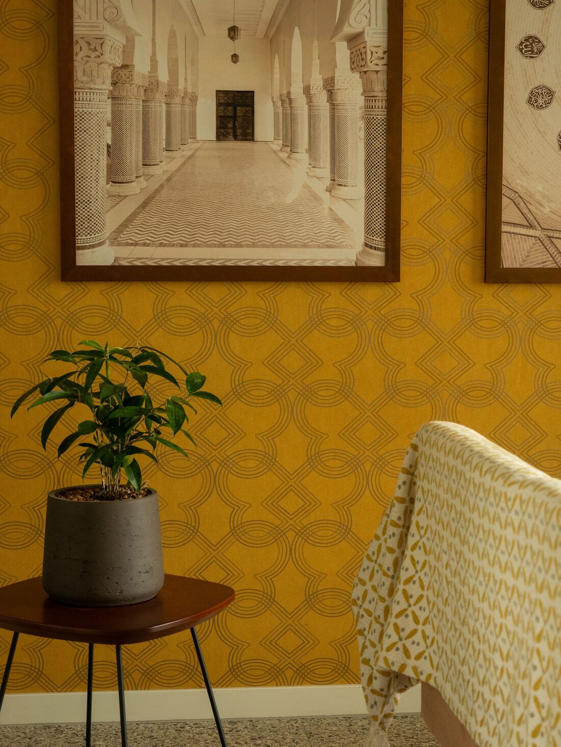 Corner of a room with a patterned ochre feature wall and a potted plant